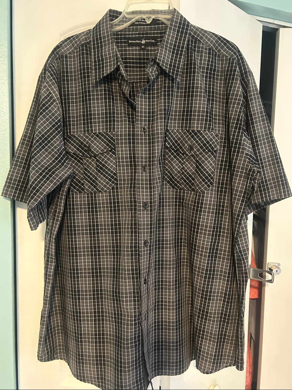 Beverly Hills Polo Club Black & Gray Plaid Short Sleeve Button-Down